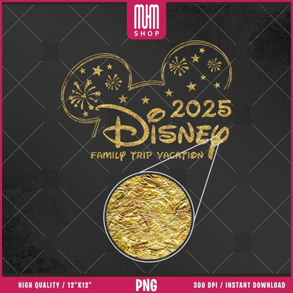 Golden Family Trip 2025 Png, 5 Designs Easy to use, Magical Kingdom Bundle, Happy New Year 2025, Castel, Mouse Head, Cut files for Cricut.