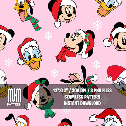 Seamless Pattern PNG, Merry Christmas, Mouse and Friends, Cartoon Characters, Xmas Day, Fabric Design Sublimation, Ready for Textile Prints.