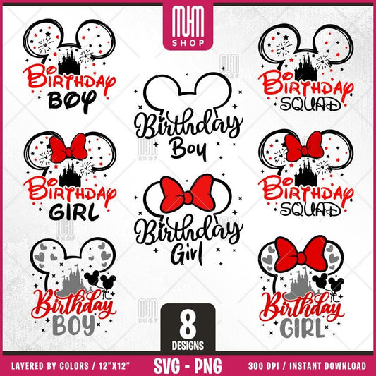 Birthday Mouse Svg Png, 8 Designs Easy to use, Cartoon Characters, Disneyland, Layered Svg by colors, Transparent Png, Cut files for Cricut.