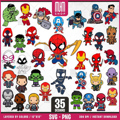 Superheroes Svg Png, 35 Designs Easy to use, Cartoon Characters Cliparts, Layered Svg by colors, Transparent Png, Easy cut files for Cricut.