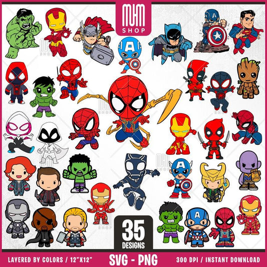 Superheroes Svg Png, 35 Designs Easy to use, Cartoon Characters Cliparts, Layered Svg by colors, Transparent Png, Easy cut files for Cricut.