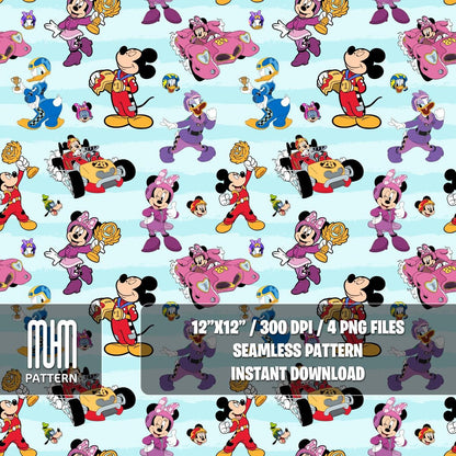Seamless Pattern PNG, Mouse and Friends Roadster Racers, Cartoon Characters, Repeat Png, Fabric Design Sublimation, Ready for Textile Prints