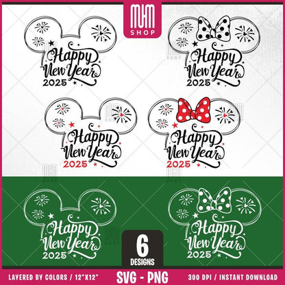 Happy New Year 2025 Svg Png, 8 Designs Easy to use, Magical Kingdom Bundle, Family Trip, Castel Svg, Mouse Head, Easy cut files for Cricut.