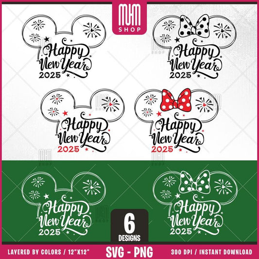 Happy New Year 2025 Svg Png, 8 Designs Easy to use, Magical Kingdom Bundle, Family Trip, Castel Svg, Mouse Head, Easy cut files for Cricut.