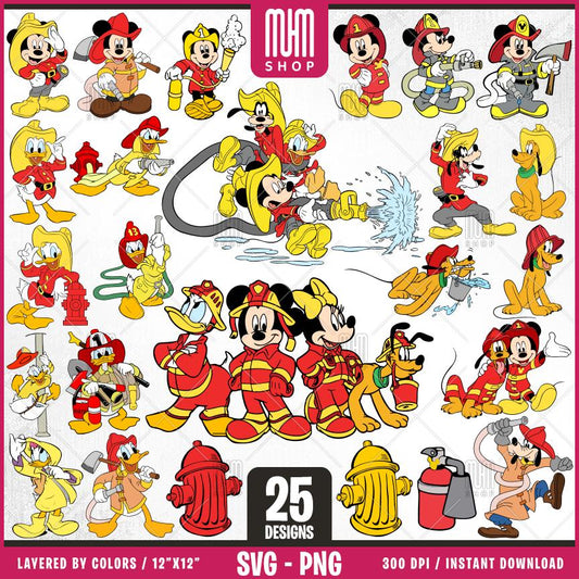 Mouse And Friends Firefighters Svg Png, 25 Designs Easy to use Cartoon Characters, Layered Svg by colors, Transparent Png, Files for Cricut.