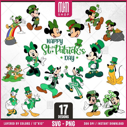 Mouse And Friends Saint Patricks Day Svg Png, 17 Designs, Cartoon Characters, Layered Svg by colors, Transparent Png, Cut files for Cricut.