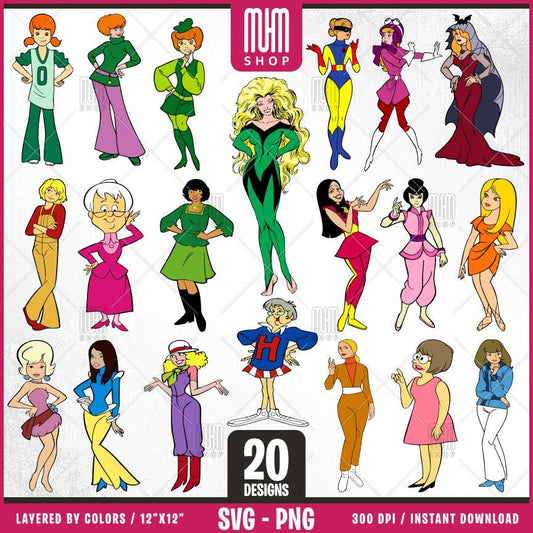 Retro Cartoon Characters - Women Svg Png, 20 Designs Easy to use, 70s, 80s, Layered Svg by colors, Transparent Png, Cut Files for Cricut.