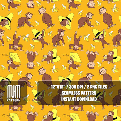 Seamless Pattern PNG, Curious George, Cartoon Characters, Banana George Monkey, Fabric Design Sublimation, Ready for Textile Prints.