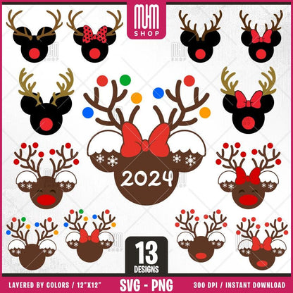 Merry Christmas Mouse Head Svg Png, 13 Designs Easy to use, Magical Kingdom Bundle Png, Family Trip, Castel Svg, Easy cut files for Cricut.