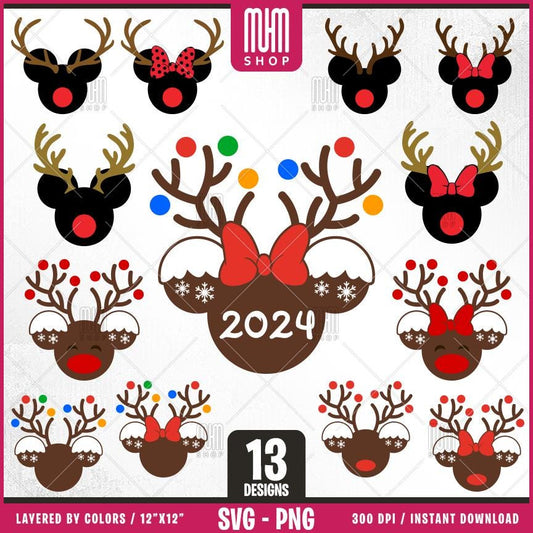 Merry Christmas Mouse Head Svg Png, 13 Designs Easy to use, Magical Kingdom Bundle Png, Family Trip, Castel Svg, Easy cut files for Cricut.