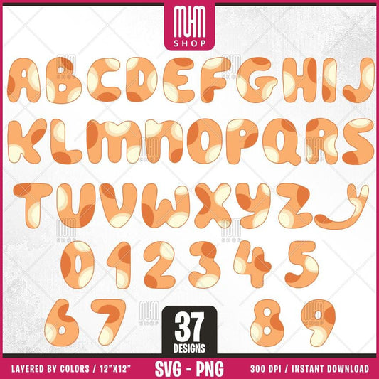 Bingo Dog Alphabet With Numbers Svg, 37 Designs Easy to use Cartoon Characters, Layered Svg by colors, Transparent Png, Cut files for Cricut