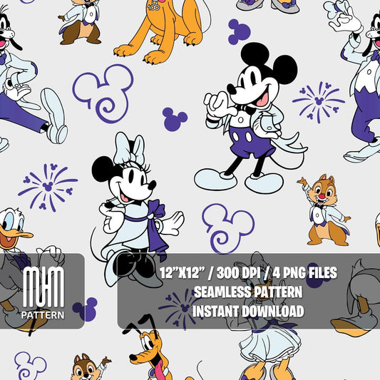 Seamless Pattern PNG, Mouse And Friends 100 Years Of Wonder, Cartoon Characters, Repeated Fabric Design Sublimation,Ready for Textile Prints