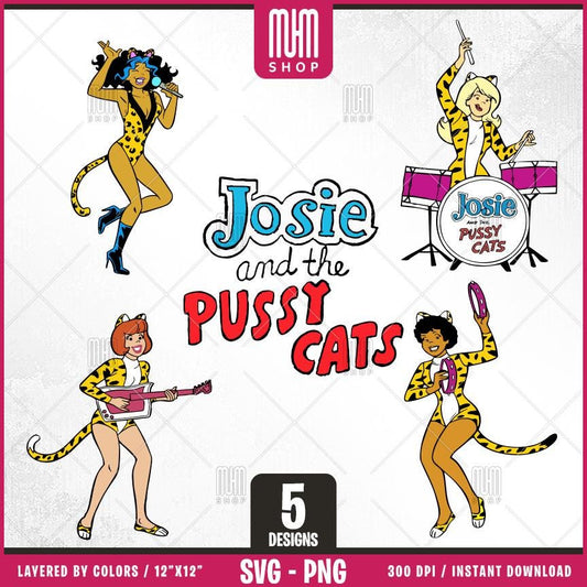 Josie and the Pussy Cats Svg Png, 5 Designs Easy to use, Cartoon, 70s, 80s, Layered Svg by colors, Transparent Png, Cut Files for Cricut.