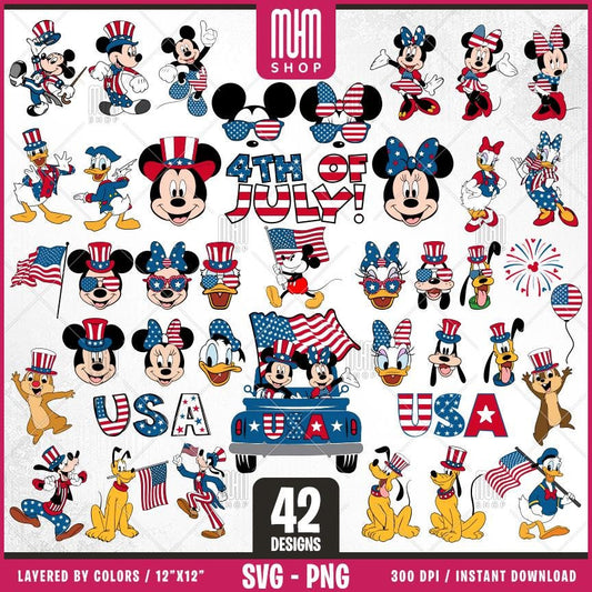 4th Of July, Mouse Svg, 42 Designs Easy to use, Cartoon Characters, Layered Svg by colors, Transparent Png, Easy cut files for Cricut.
