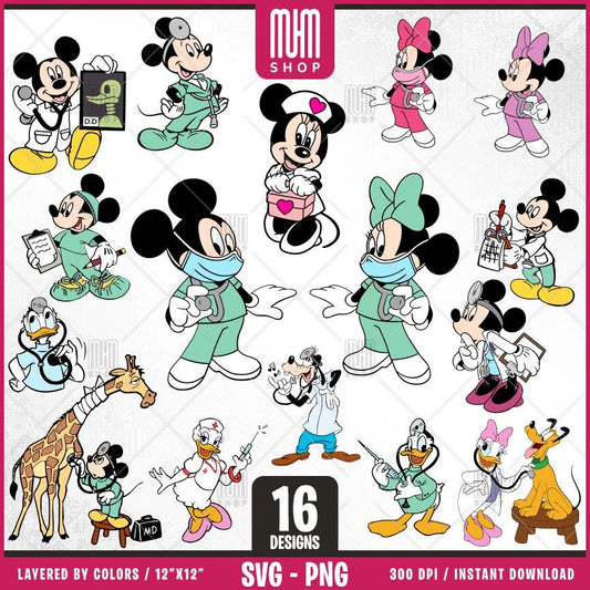 Doctor and Nurse Mouse Svg, 16 Designs Easy to use, Cartoon Characters, Layered Svg by colors, Transparent Png, Easy cut files for Cricut.