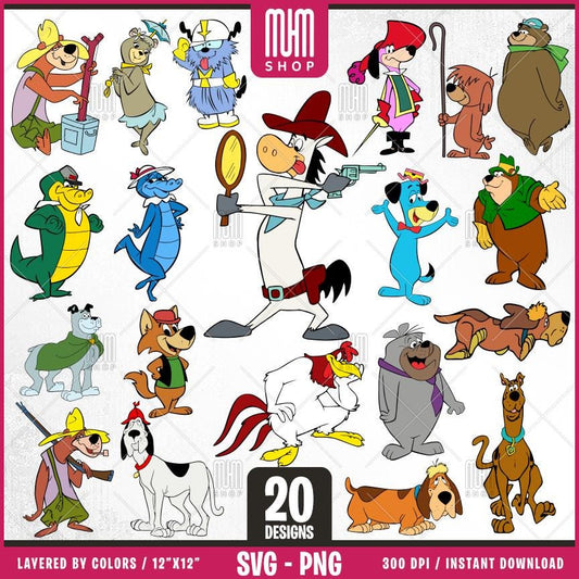 Retro Cartoon Characters - Animals Svg Png, 20 Designs Easy to use, 70s, 80s, Layered Svg by colors, Transparent Png, Cut Files for Cricut.