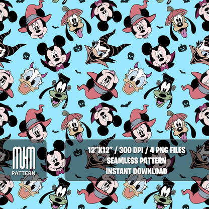 Seamless Pattern PNG, Mouse and Friends Halloween, Mouse Head, Cartoon Characters, Fabric Design Sublimation, Ready for Textile Prints.