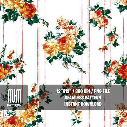 Seamless Pattern, Hand Drawn Flowers with Leaves, Pretty Pattern on Striped Background, Fabric Design Sublimation, Ready for Textile Prints.