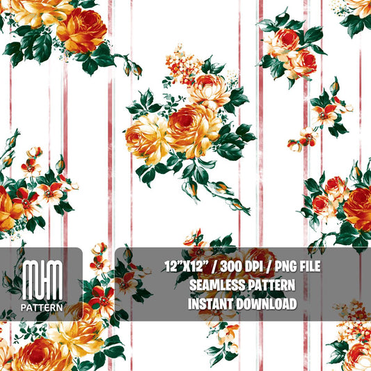 Seamless Pattern, Hand Drawn Flowers with Leaves, Pretty Pattern on Striped Background, Fabric Design Sublimation, Ready for Textile Prints.