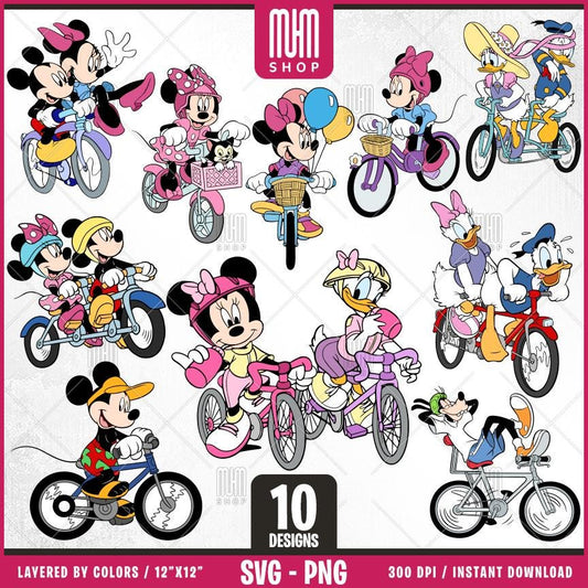Mouse And Friends Bicycle Svg 10 Designs Easy to use, Cartoon Characters, Layered Svg by colors, Transparent Png, Easy cut files for Cricut.