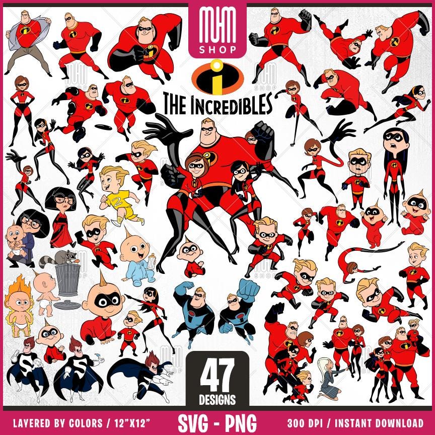 The Incredibles Svg, 47 Designs Easy to use, Cartoon Characters Cliparts, Layered Svg by colors, Transparent Png, Ready cut files for Cricut