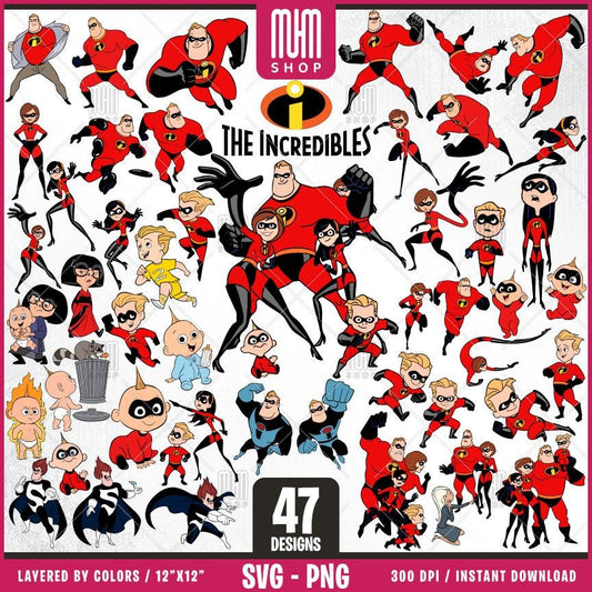 The Incredibles Svg, 47 Designs Easy to use, Cartoon Characters Cliparts, Layered Svg by colors, Transparent Png, Ready cut files for Cricut