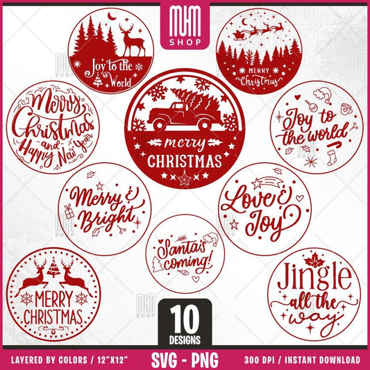 Christmas Round Ornament Bundle Svg Png, 10 Designs Easy to use, Joy svg, Noel, Jingle, Happy New Year Ornament, Easy cut files for Cricut.