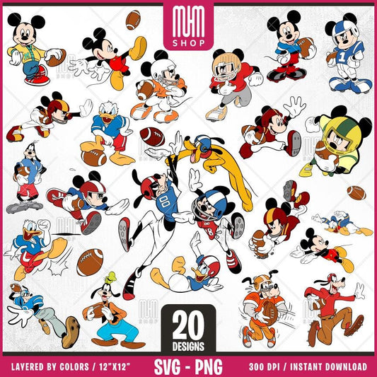 Mouse And Friends Football Svg, 20 Designs Easy to use, Cartoon Characters, Layered Svg by colors, Transparent Png, Cut files for Cricut.