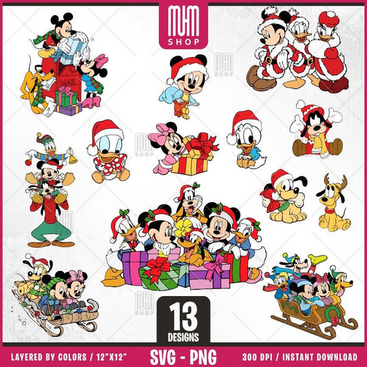 Mouse And Friends Merry Christmas Svg Png, 13 Designs Easy to use Cartoon Characters Layered Svg by colors, Transparent Png files for Cricut