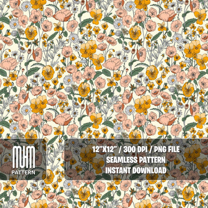 Seamless Pattern, Hand Drawn Floral Pattern, Seamless Yellow Flowers, Modern Design, Fabric Design Sublimation, Ready for Textile Prints.