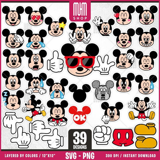 Stickers Mickeyy Mouse Svg, 39 Designs Easy to use, Cartoon Characters, Layered Svg by colors, Transparent Png, Easy cut files for Cricut.