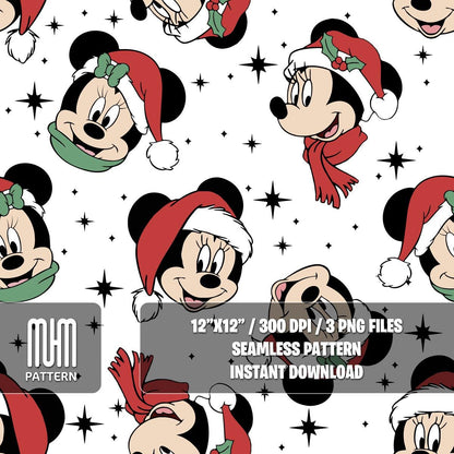 Seamless Pattern PNG, Merry Christmas, Mouse and Friends, Cartoon Characters, Noel Day, Fabric Design Sublimation, Ready for Textile Prints.