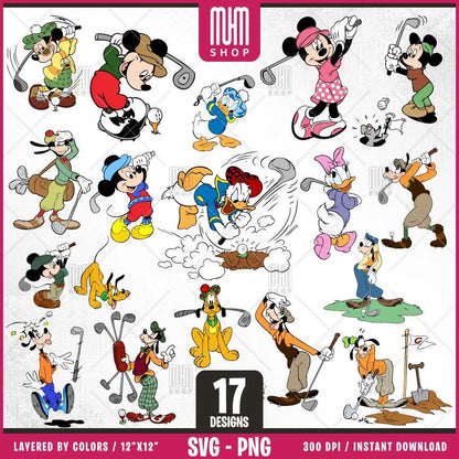 Mouse And Friends Golf Svg, 17 Designs Easy to use, Cartoon Characters, Layered Svg by colors, Transparent Png, Easy cut files for Cricut.