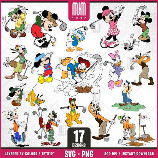 Mouse And Friends Golf Svg, 17 Designs Easy to use, Cartoon Characters, Layered Svg by colors, Transparent Png, Easy cut files for Cricut.