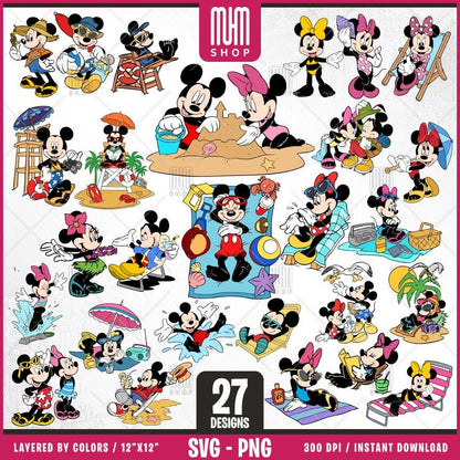 Mouse And Minnie At Beach Svg, 27 Designs Easy to use, Cartoon Characters, Layered Svg by colors, Transparent Png, Cut files for Cricut.
