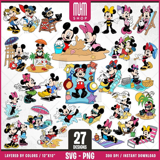 Mouse And Minnie At Beach Svg, 27 Designs Easy to use, Cartoon Characters, Layered Svg by colors, Transparent Png, Cut files for Cricut.