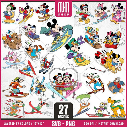 Mouse And Friends Skiing Sport Svg Png, 27 Designs, Cartoon Characters, Layered Svg by colors, Transparent Png, Easy cut files for Cricut.