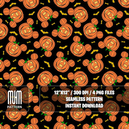 Seamless Pattern PNG, Halloween Pumpkin, Mouse Head, Cartoon Characters, Boo Day, Fabric Design Sublimation, Ready for Textile Prints.