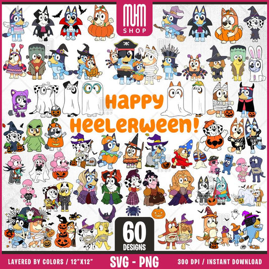Bluey Dog and Friends Halloween Svg Png, 60 Designs Easy to use, Cartoon Characters, Layered Svg by colors, Transparent Png, Cut for Cricut.