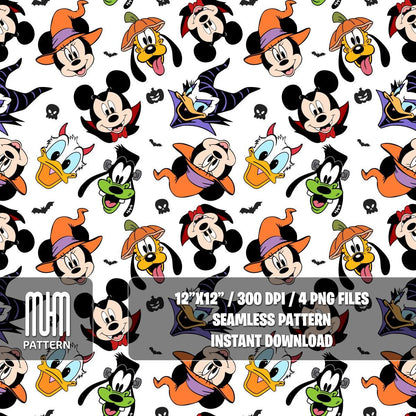 Seamless Pattern PNG, Mouse and Friends Halloween, Mouse Head, Cartoon Characters, Fabric Design Sublimation, Ready for Textile Prints.