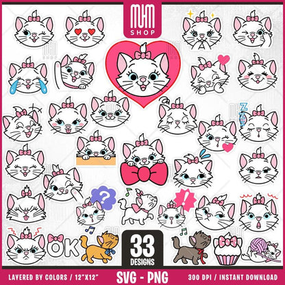 Stickers Marie Cat Svg Png, 33 Designs Easy to use, Cartoon Characters, Layered Svg by colors, Transparent Png, Easy cut files for Cricut.