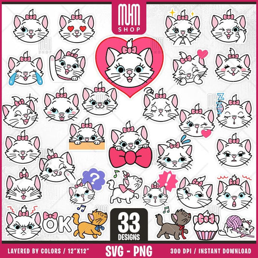 Stickers Marie Cat Svg Png, 33 Designs Easy to use, Cartoon Characters, Layered Svg by colors, Transparent Png, Easy cut files for Cricut.