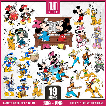 Mouse And Friends with Music Svg Png, 19 Designs Easy to use Cartoon Characters, Layered Svg by colors Transparent Png, Cut files for Cricut