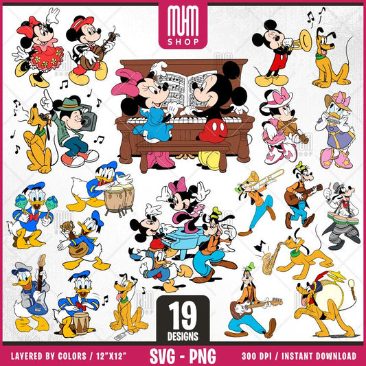 Mouse And Friends with Music Svg Png, 19 Designs Easy to use Cartoon Characters, Layered Svg by colors Transparent Png, Cut files for Cricut