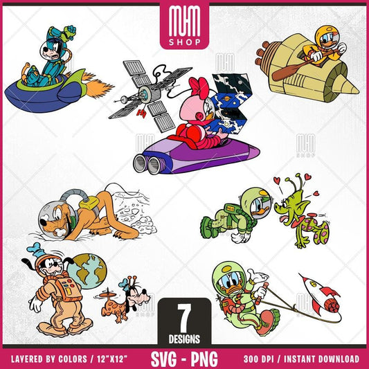 Mouse And Friend To The Moon Svg Png, 7 Designs Easy to use Cartoon Characters Layered Svg by colors, Transparent Png, Cut Files for Cricut.