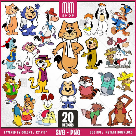 Retro Cartoon Characters - Animals Svg Png, 20 Designs Easy to use, 70s, 80s, Layered Svg by colors, Transparent Png, Cut Files for Cricut.