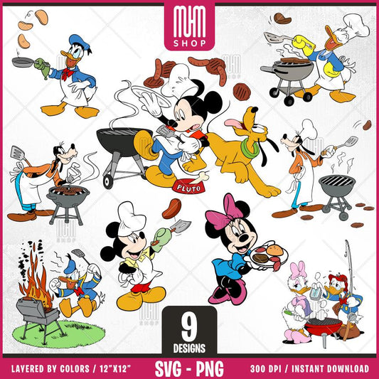 Mouse And Friends Barbecue Party Svg Png, 9 Designs, Cartoon Characters, Layered Svg by colors, Transparent Png, Easy cut files for Cricut.