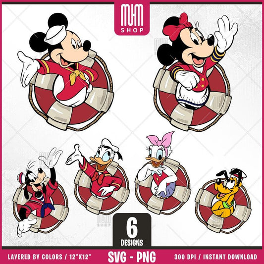 Mouse And Friends Sailor Lifebuoy Svg Png, 6 Designs Easy to use Cartoon Characters, Layered Svg by color, Transparent Png, Files for Cricut