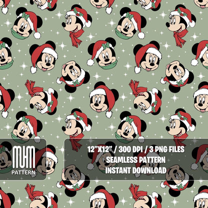 Seamless Pattern PNG, Merry Christmas, Mouse and Friends, Cartoon Characters, Noel Day, Fabric Design Sublimation, Ready for Textile Prints.
