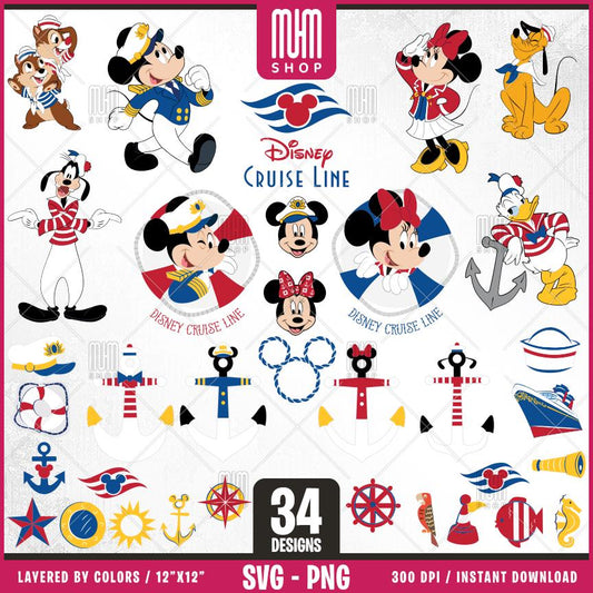 Cruise Line Mouse and Friends Svg, 34 Designs Easy to use Cartoon Characters, Layered Svg by colors, Transparent Png, Cut files for Cricut.